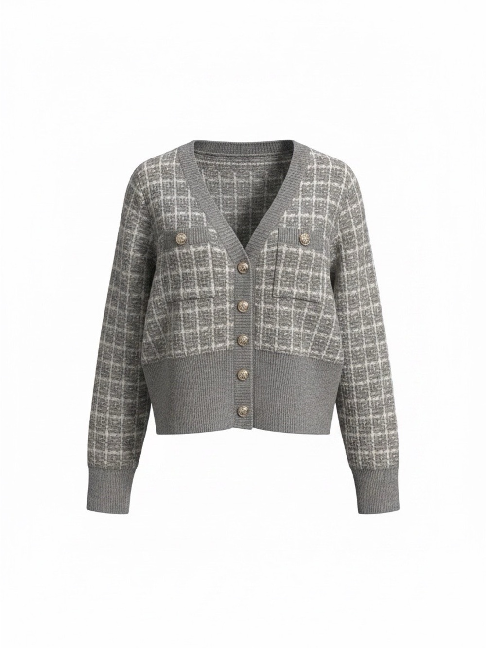 Checked V-Neck Cardigan with Patch Pockets - Women's